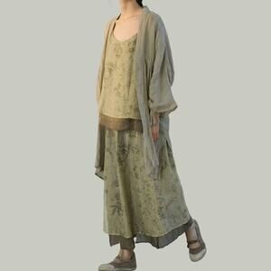Linen Olive Green Floral Two-Piece Dress Set